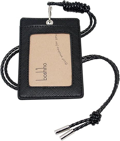 Boshiho Vertical Style Leather ID Card Badge Holder with Heavy Duty Lanyard