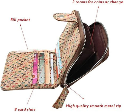 boshiho Vegan Cork Wallet, Women’s Purse Slim Zipper Design with Card Holder Coin Pocket Purse Eco-friendly Vegan Gift