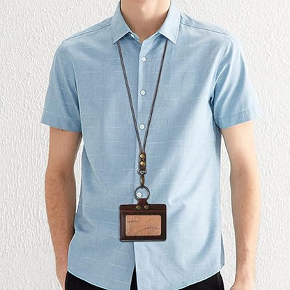 Badge Holder: Boshiho Cowhide Leather ID Badge Card Holder with 19" Neck Lanyard, Horizontal Style