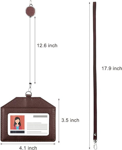 Office Badge Holder - Boshiho Genuine Leather Credit ID Card Holder with Stretch Neck Lanyard Horizontal Style