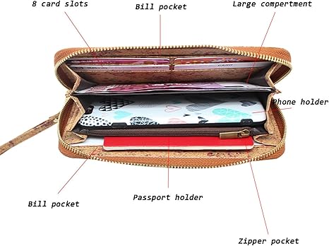 boshiho Cork Vegan Purse Wallet, Women’s Wallet Large Capacity Smart Phone Clutch Zip Long Purse with Card Holder Coin Pocket Vegan Gift