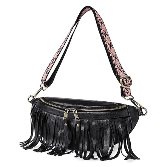 Fanny Packs for Women Fringe Purse Leather Chest Bag Waist Bag Casual Crossbody Bag with Zipper Pockets Travel Festival Sports Hiking Running
