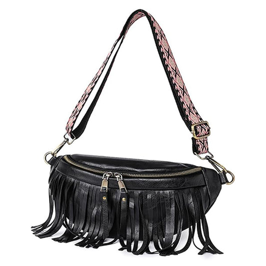 Fanny Packs for Women Fringe Purse Leather Chest Bag Waist Bag Casual Crossbody Bag with Zipper Pockets Travel Festival Sports Hiking Running