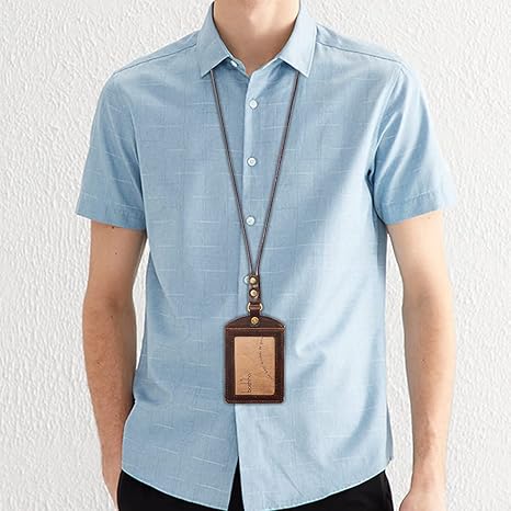 Badge Holder: Boshiho Cowhide Leather ID Badge Card Holder with 19" Neck Lanyard, Vertical Style