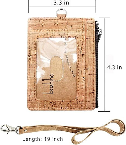 Cork Badge Holder with Zipper, Eco-Friendly Cork ID Credit Card Holder Wallet with Neck Lanyard Strap for Offices ID, School ID, Driver Licence