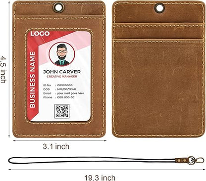 Office Badge Holder - Boshiho Genuine Leather Credit ID Card Holder with Neck Lanyard Pen Clip Vertical Style