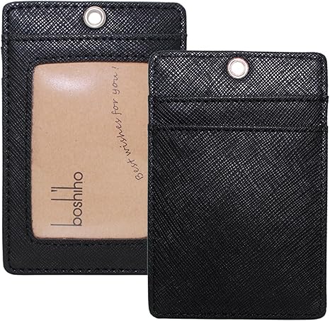Boshiho Vertical Style Leather ID Card Badge Holder with Heavy Duty Lanyard
