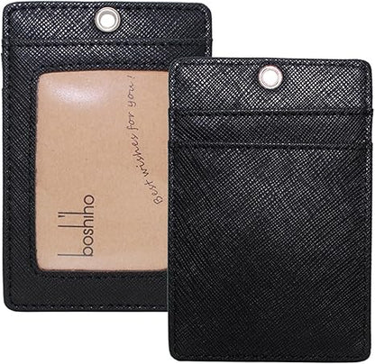 Boshiho Vertical Style Leather ID Card Badge Holder with Heavy Duty Lanyard