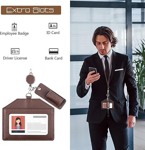 Office Badge Holder - Boshiho Genuine Leather Credit ID Card Holder with Stretch Neck Lanyard Horizontal Style