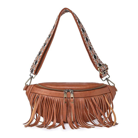 Fanny Packs for Women Fringe Purse Leather Chest Bag Waist Bag Casual Crossbody Bag with Zipper Pockets Travel Festival Sports Hiking Running