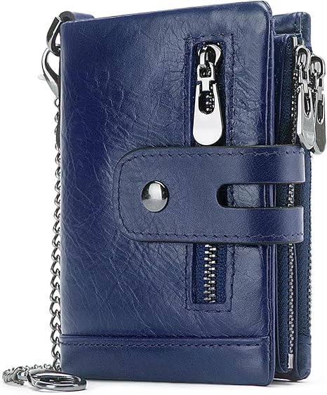 boshiho Real Leather RFID Blocking Bifold Wallets for Men Double Zipper Coin Pocket Purse with Anti-Theft Chain