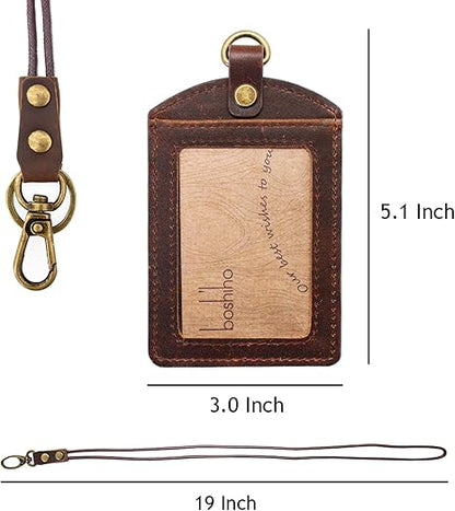 Badge Holder: Boshiho Cowhide Leather ID Badge Card Holder with 19" Neck Lanyard, Vertical Style
