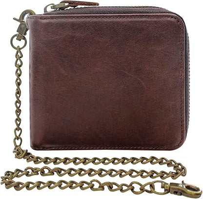 boshiho Real Leather RFID Blocking Bifold Wallets for Men Double Zipper Coin Pocket Purse with Anti-Theft Chain