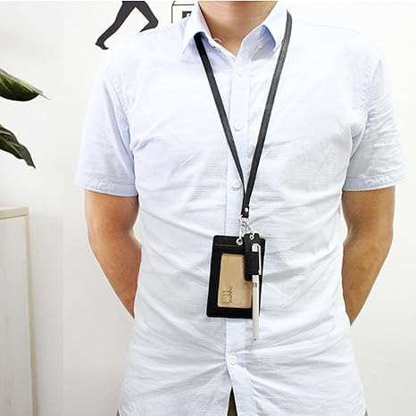 Boshiho Vertical Style Leather ID Card Badge Holder with Heavy Duty Lanyard