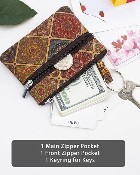Eco-friendly Cork Coin Purse, Mini Pouch Card Change Vegan Wallet w Key Ring