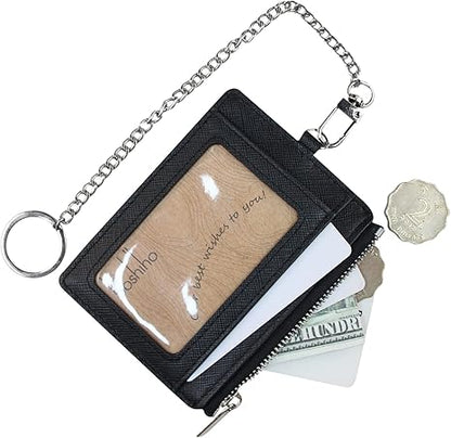 boshiho Saffiano Leather Credit Card Holder Coin Change Purse with Anti-Theft Chain