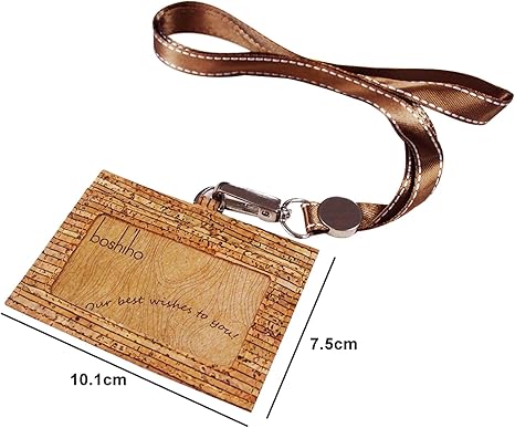 Badge Holder, Boshiho Eco-Friendly Cork ID Name Credit Card Case with Neck Lanyard Strap, Horizontal Style