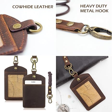 Badge Holder: Boshiho Cowhide Leather ID Badge Card Holder with 19" Neck Lanyard, Vertical Style