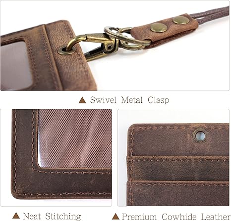 Office Badge Holder - Boshiho Genuine Leather Credit ID Card Holder with Neck Lanyard Pen Clip Vertical Style