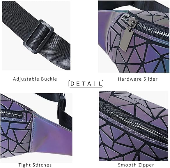 Fanny Packs for Women Men, Luminous Holographic Chest Bag Geometric Waist Pack for Travel, Festival, Running, Sports