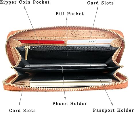 boshiho Cork Vegan Purse Wallet, Women’s Wallet Large Capacity Smart Phone Clutch Zip Long Purse with Card Holder Coin Pocket Vegan Gift