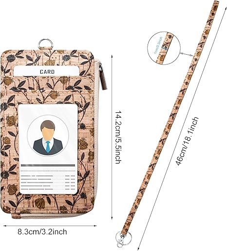 Badge Holder with Zipper - Boshiho Natural Cork ID Badge Card Holder Wallet with 18" Neck Lanyard, 5 Card Slots Vertical Style