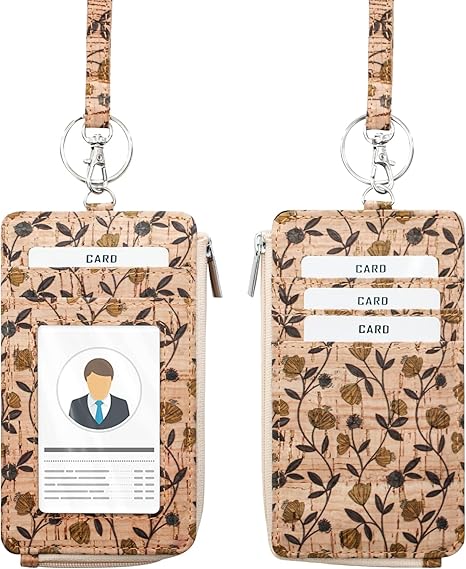 Badge Holder with Zipper - Boshiho Natural Cork ID Badge Card Holder Wallet with 18" Neck Lanyard, 5 Card Slots Vertical Style