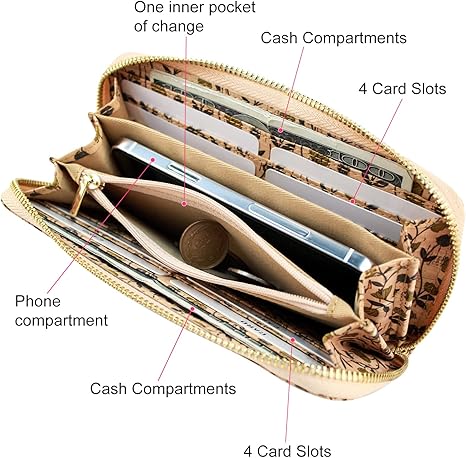 boshiho Cork Vegan Purse Wallet, Women’s Wallet Large Capacity Smart Phone Clutch Zip Long Purse with Card Holder Coin Pocket Vegan Gift