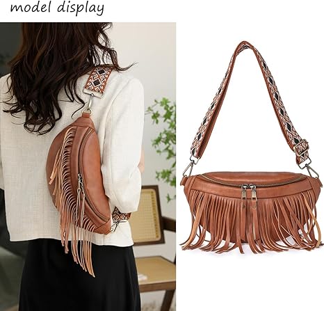 Fanny Packs for Women Fringe Purse Leather Chest Bag Waist Bag Casual Crossbody Bag with Zipper Pockets Travel Festival Sports Hiking Running