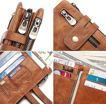 boshiho Real Leather RFID Blocking Bifold Wallets for Men Double Zipper Coin Pocket Purse with Anti-Theft Chain