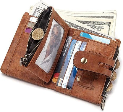 boshiho Real Leather RFID Blocking Bifold Wallets for Men Double Zipper Coin Pocket Purse with Anti-Theft Chain