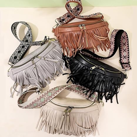 Fanny Packs for Women Fringe Purse Leather Chest Bag Waist Bag Casual Crossbody Bag with Zipper Pockets Travel Festival Sports Hiking Running