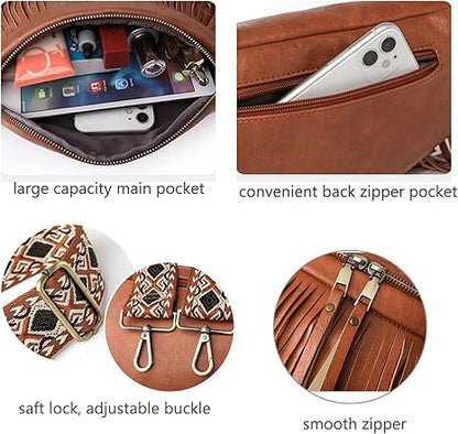 Fanny Packs for Women Fringe Purse Leather Chest Bag Waist Bag Casual Crossbody Bag with Zipper Pockets Travel Festival Sports Hiking Running
