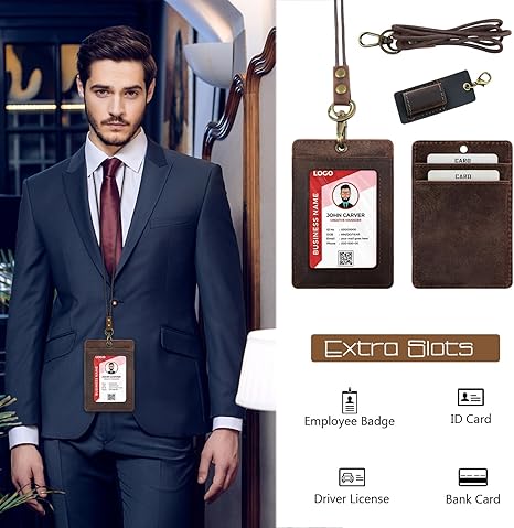 Office Badge Holder - Boshiho Genuine Leather Credit ID Card Holder with Neck Lanyard Pen Clip Vertical Style