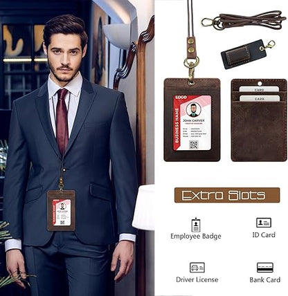 Office Badge Holder - Boshiho Genuine Leather Credit ID Card Holder with Neck Lanyard Pen Clip Vertical Style