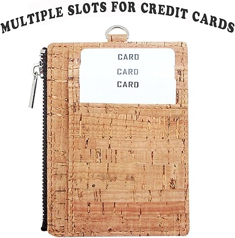 Cork Badge Holder with Zipper, Eco-Friendly Cork ID Credit Card Holder Wallet with Neck Lanyard Strap for Offices ID, School ID, Driver Licence