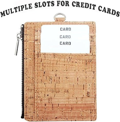 Cork Badge Holder with Zipper, Eco-Friendly Cork ID Credit Card Holder Wallet with Neck Lanyard Strap for Offices ID, School ID, Driver Licence