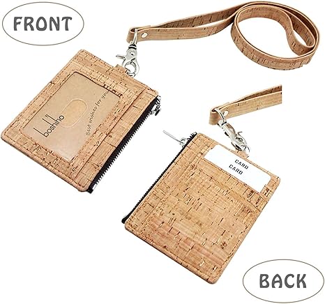 Cork Badge Holder with Zipper, Eco-Friendly Cork ID Credit Card Holder Wallet with Neck Lanyard Strap for Offices ID, School ID, Driver Licence