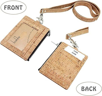 Cork Badge Holder with Zipper, Eco-Friendly Cork ID Credit Card Holder Wallet with Neck Lanyard Strap for Offices ID, School ID, Driver Licence
