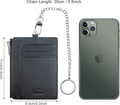 boshiho Saffiano Leather Credit Card Holder Coin Change Purse with Anti-Theft Chain