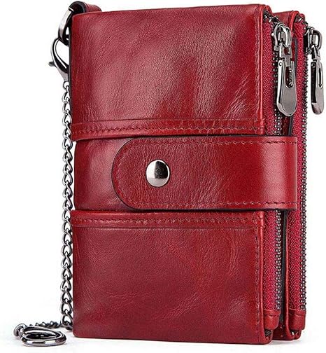 boshiho Real Leather RFID Blocking Bifold Wallets for Men Double Zipper Coin Pocket Purse with Anti-Theft Chain