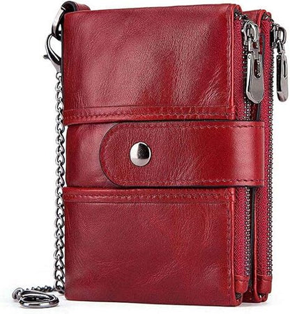 boshiho Real Leather RFID Blocking Bifold Wallets for Men Double Zipper Coin Pocket Purse with Anti-Theft Chain