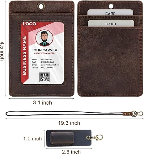 Office Badge Holder - Boshiho Genuine Leather Credit ID Card Holder with Neck Lanyard Pen Clip Vertical Style
