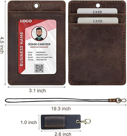 Office Badge Holder - Boshiho Genuine Leather Credit ID Card Holder with Neck Lanyard Pen Clip Vertical Style
