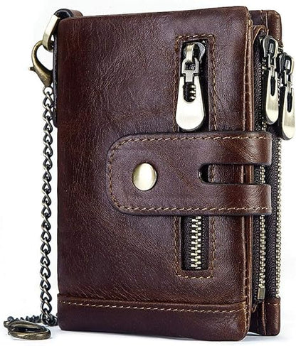 boshiho Real Leather RFID Blocking Bifold Wallets for Men Double Zipper Coin Pocket Purse with Anti-Theft Chain