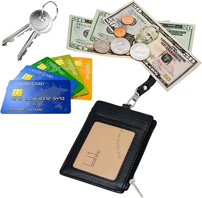 Badge Holder with Zipper - Boshiho Genuine Leather ID Badge Card Holder Wallet with 18.5" Neck Lanyard, 5 Card Slots Vertical Style