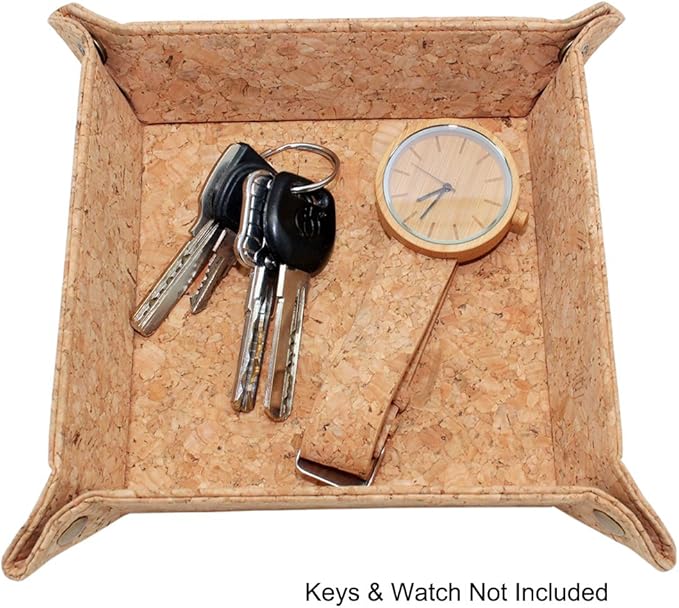 boshiho Valet Tray for Men, Natural Cork Jewelry Catchall Key Phone Coin Box Change Caddy Bedside Storage Box Eco-friendly Vegan Gift