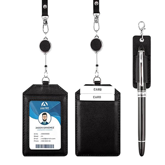 Office Badge Holder - Boshiho Genuine Leather Credit ID Card Holder with Stretch Neck Lanyard Vertical Style