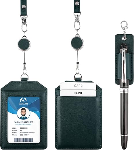 Office Badge Holder - Boshiho Genuine Leather Credit ID Card Holder with Stretch Neck Lanyard Vertical Style