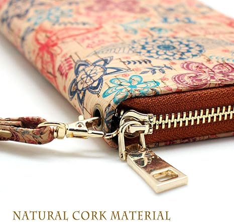 boshiho Cork Vegan Purse Wallet, Women’s Wallet Large Capacity Smart Phone Clutch Zip Long Purse with Card Holder Coin Pocket Vegan Gift